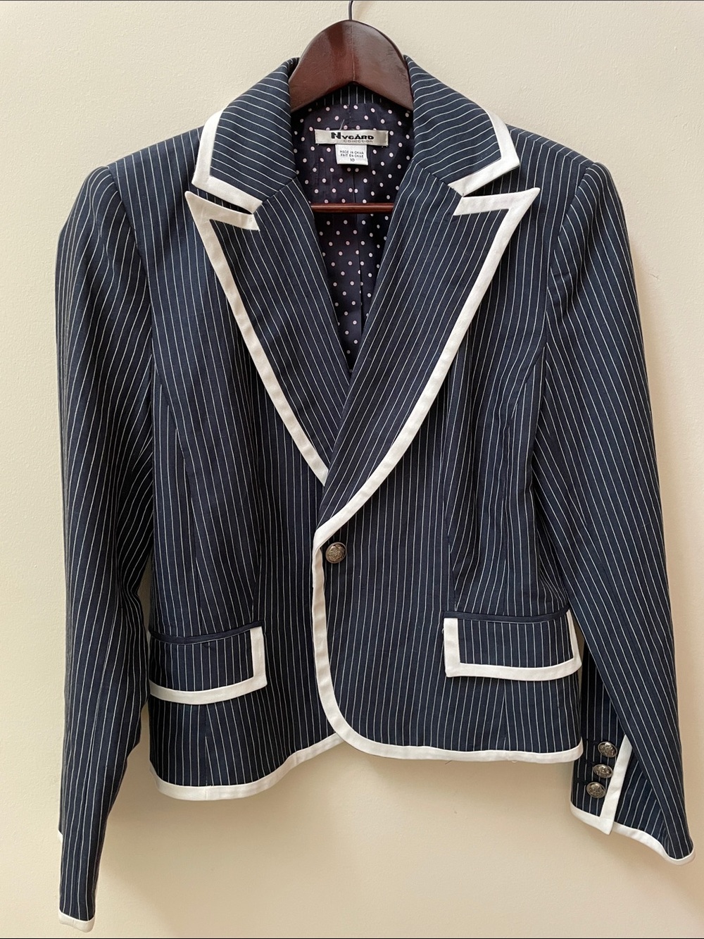Nygard Collection Linen Blend Navy Pinstripe Blazer with White Trim
